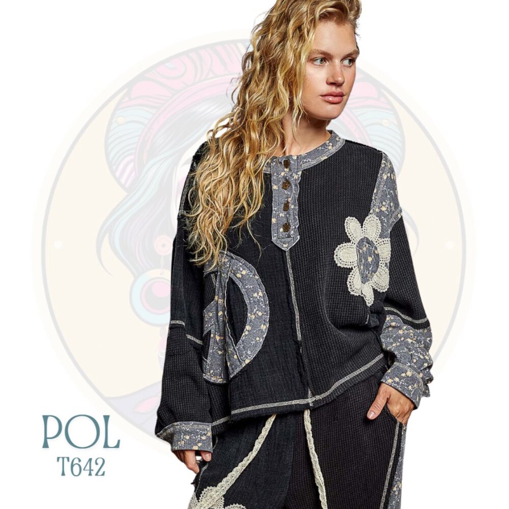 T642 POL Black Long Sleeve Peace Floral Gauze Patterned Top